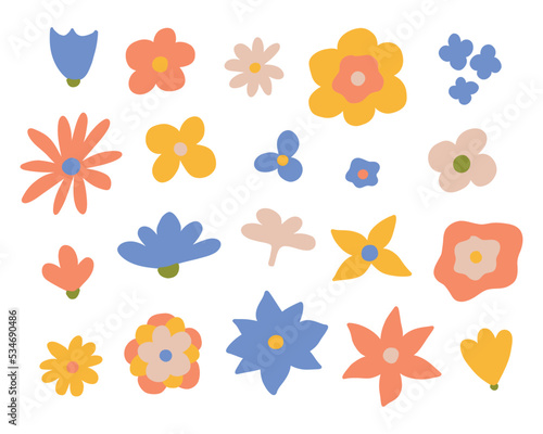 Retro flowers in the 70s. Vector illustration. Set of retro flowers. Drawn style.