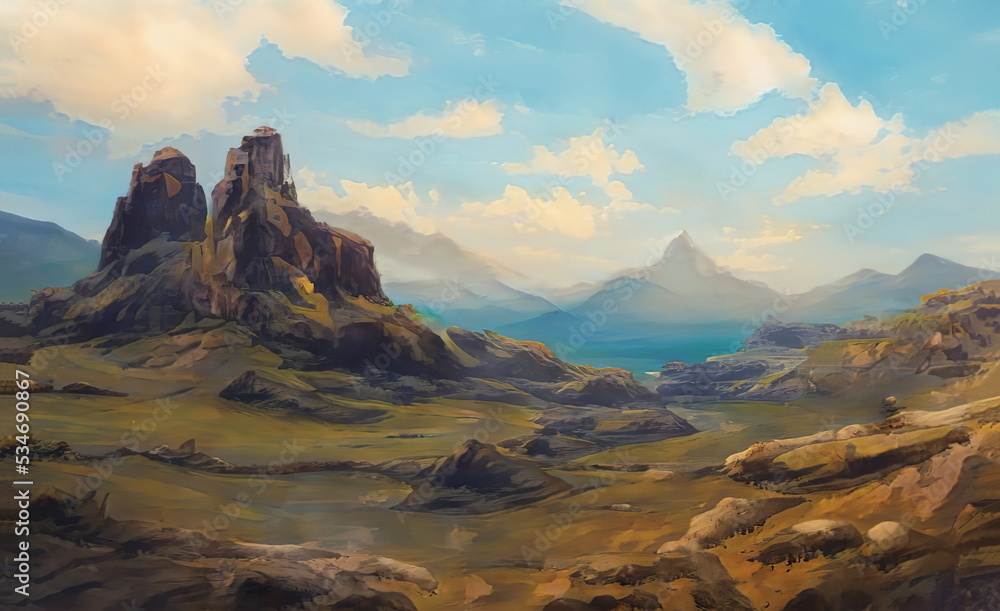 Fantastic Epic Magical Landscape of Mountains. Summer nature. Mystic Valley, tundra, forest, hills. Game assets. Celtic Medieval RPG gaming background. Rocks and grass.  Ruins of an old castle	