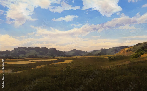 Fantastic Epic Magical Landscape of Mountains. Summer nature. Mystic Valley, tundra, forest, hills. Game assets. Celtic Medieval RPG gaming background. Rocks and grass. Ruins of an old castle 