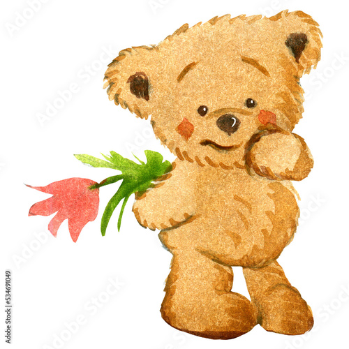 watercolor illustration with a teddy bear holding a flower and being shy