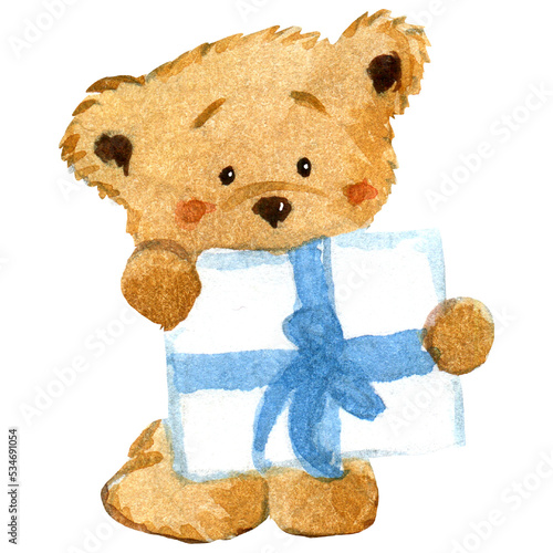 watercolor illustration with a teddy bear holding a gift and being shy