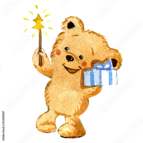 watercolor illustration with a teddy bear holding a gift and sparklers