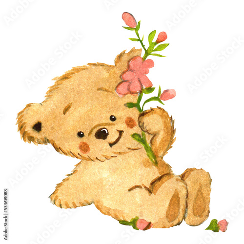 watercolor illustration with a lying teddy bear holding flowers