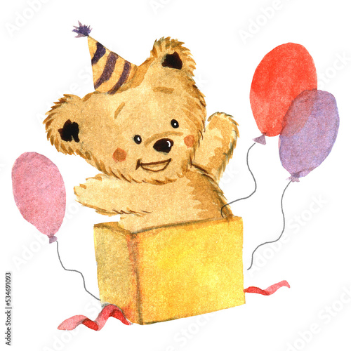 watercolor illustration with a teddy bear in a gift box with balloons