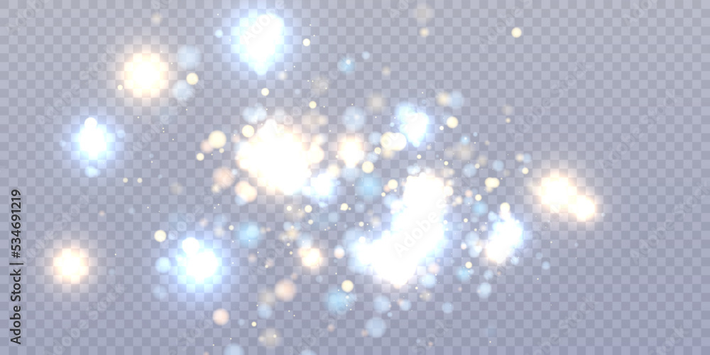 Light effect with many shimmering highlights on a transparent background. Abstract bokeh lights.