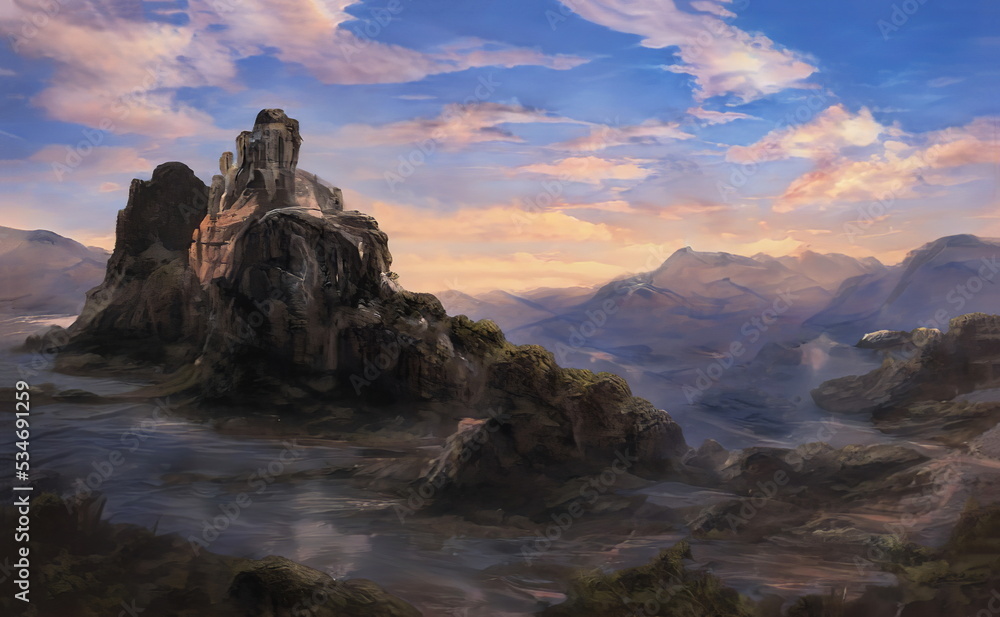 Fantastic Epic Magical Landscape of Mountains. Summer nature. Mystic Valley, tundra, forest, hills. Game assets. Celtic Medieval RPG gaming background. Rocks and grass.  Ruins of an old castle	