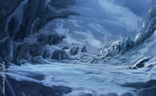 Fantastic Winter Epic Landscape of Mountains. Celtic Medieval forest. Frozen nature. Glacier in the mountains. Mystic Valley. Artwork sketch. Gaming RPG background. Game asset. Book cover and poster © Abstract51