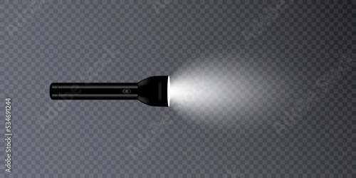Black flashlight with light on a transparent background.