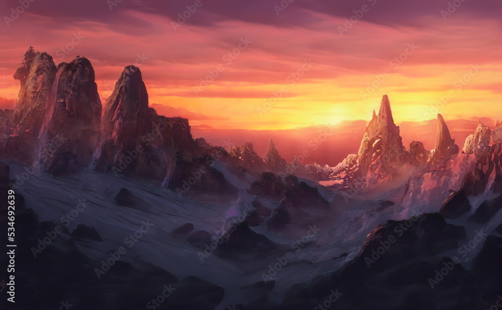 Fantastic Epic Magical Landscape of Mountains. Summer nature. Mystic Valley, tundra, forest, hills. Game assets. Celtic Medieval RPG gaming background. Rocks and grass. Sunrise and sunset