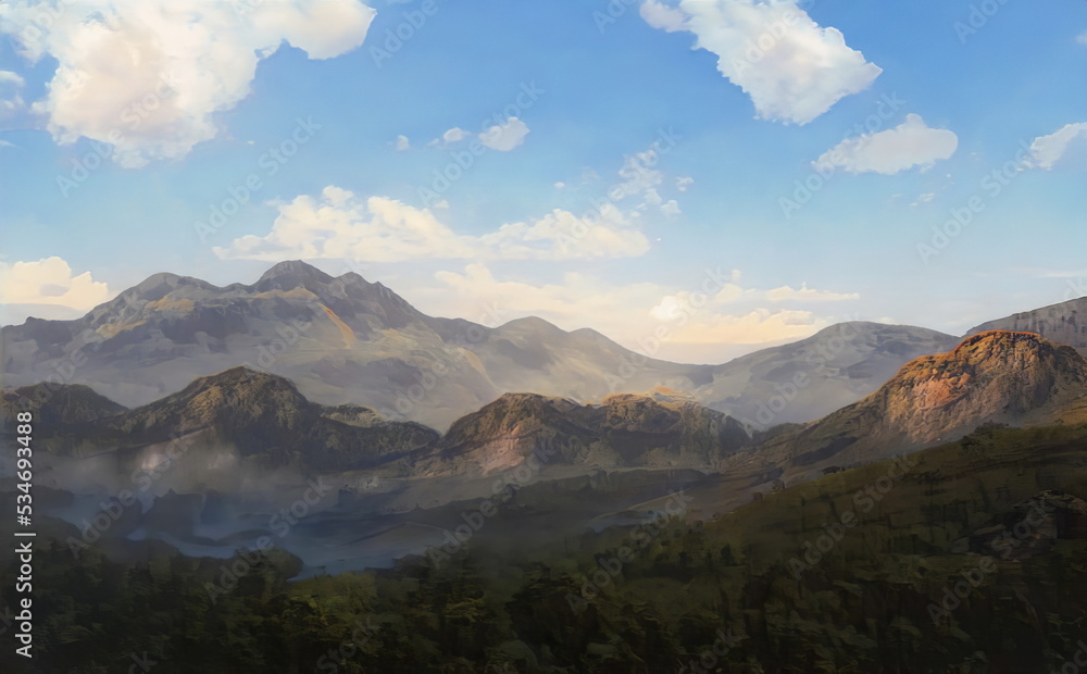 Fantastic Epic Magical Landscape of Mountains. Summer nature. Mystic Valley, tundra, forest, hills. Game assets. Celtic Medieval RPG gaming background. Rocks and grass. Ruins of an old castle