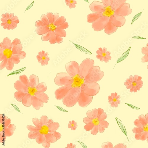 The cute seamless pattern background with soft-pink flowers and leaves on watercolor style 