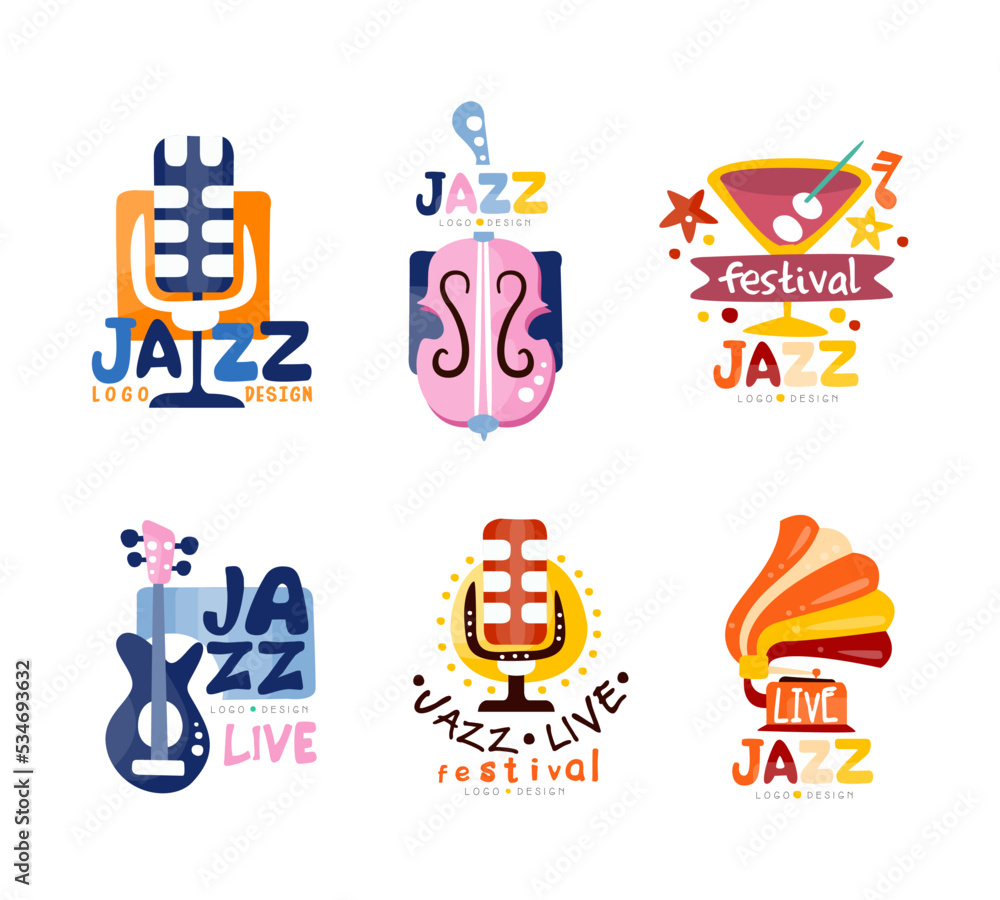 Jazz music festival vector logo design set. Musical event labels, badges vector illustration