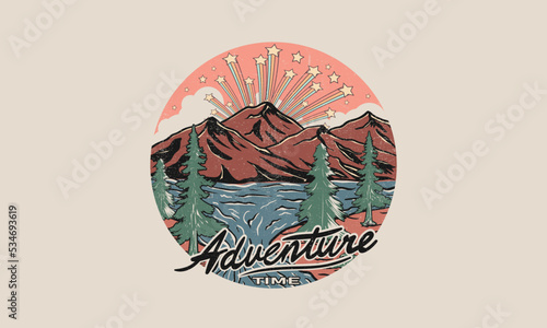 Adventure time, Mountain vibes vector graphic print design for apparel, sticker, poster, background and others. Wild lake t-shirt artwork print design.