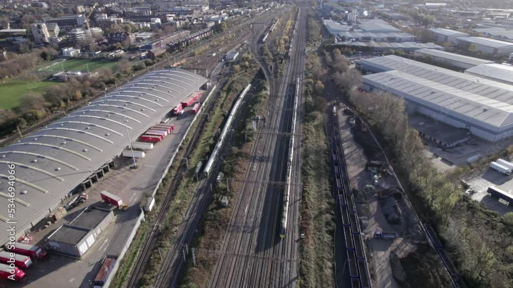 Commuter Trains and a Depot in London Aerial View Commuter Trains and a Depot in London Aerial View