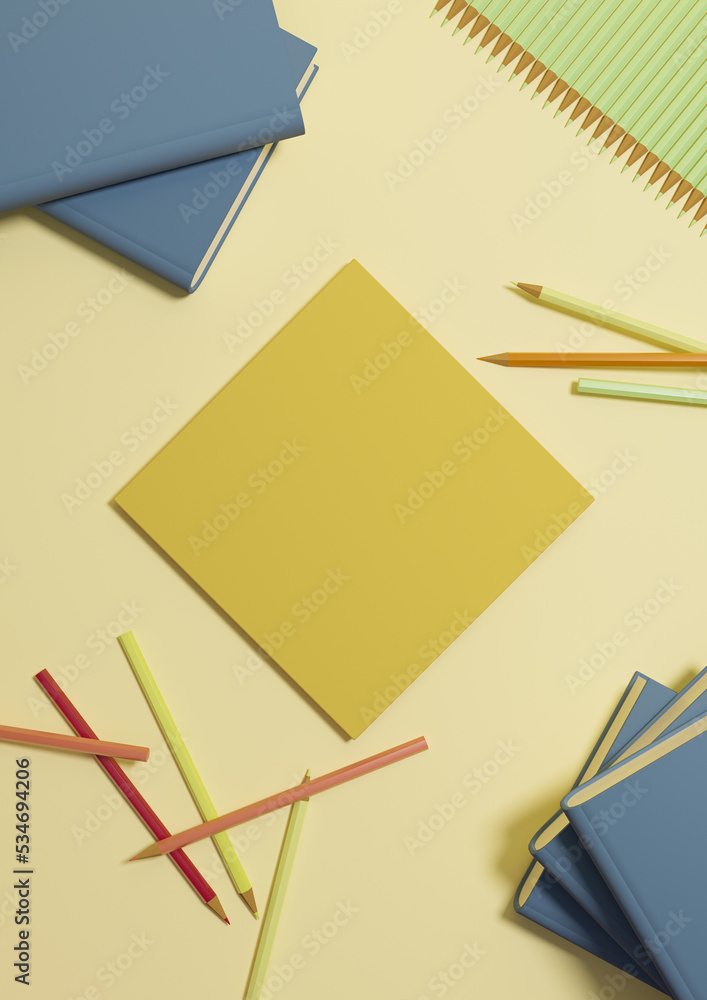 Warm, light, bright, pastel yellow 3D illustration back to school product display one podium or stand top view, flat lay, from above with pencils, and books on table for product photography background Warm, light, bright, pastel yellow 3D illustration back to school product display one podium or stand top view, flat lay, from above with pencils, and books on table for product photography background