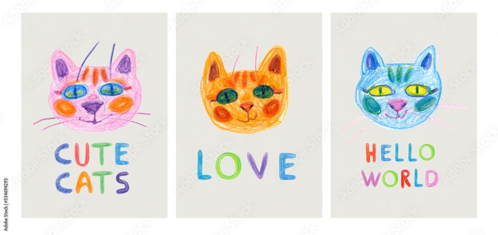Postcards with muzzles of cute cats with a handwritten message. Funny cartoon cat.