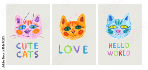 Postcards with muzzles of cute cats with a handwritten message. Funny cartoon cat.