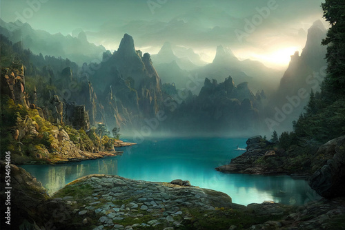 Beautiful view of mountain and lake with dramatic sky background. 3D rendering © ardanz