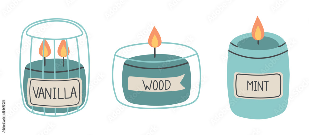 Single hand drawn candles for New Year and Xmas greeting cards, posters, stickers and seasonal design. Decorative wax candles Wood, Mint and Vanilla for relax and spa.