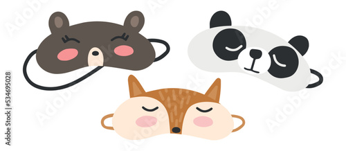 Eye mask vector sleeping night accessory relax rest in traveling illustration set of face sleepy protection cartoon asleep beer, fox and panda.