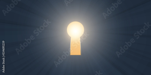 Hope, Curiosity or New Solution, Freedom Concept - Key Hole on Dark Blue Wall with Shiny Bright Light Coming Through from Outside - Template for Business,Vector Design, Illustration in Editable Format
