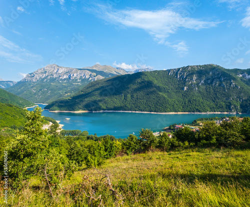Piva Lake  Pivsko Jezero  and Pluzine town view in Montenegro.