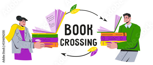 Book crossing and reuse eco-friendly initiative banner for website or print, flat vector illustration isolated on white background. Book crossing and used things sharing banner or poster mockup.