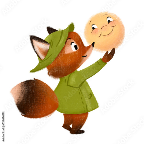 Illustration of characters from the Russian folk tale "Kolobok" on transparent background. Fox and gingerbread man in cute children's style.