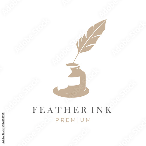 Old ink vector illustration logo with elegant feather pen