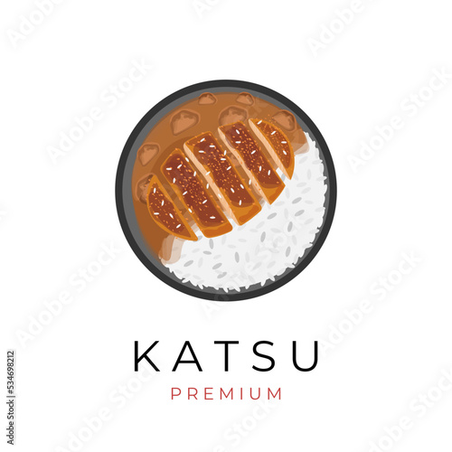 Curry Katsu with Rice in a Black Plate Vector Illustration Logo