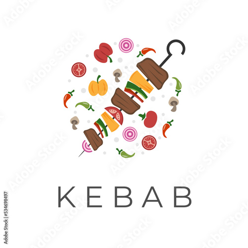 Shashlik kebab shish kebab vector illustration logo with fresh vegetables