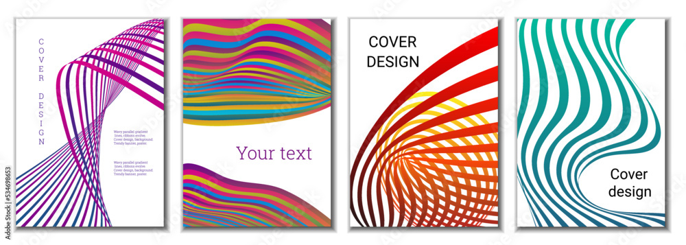 A set of 4 abstract covers. Wavy parallel gradient lines, ribbons evolve. Cover design, background. Trendy banner, poster. A set of 4 abstract covers. Wavy parallel gradient lines, ribbons evolve. Cover design, background. Trendy banner, poster.