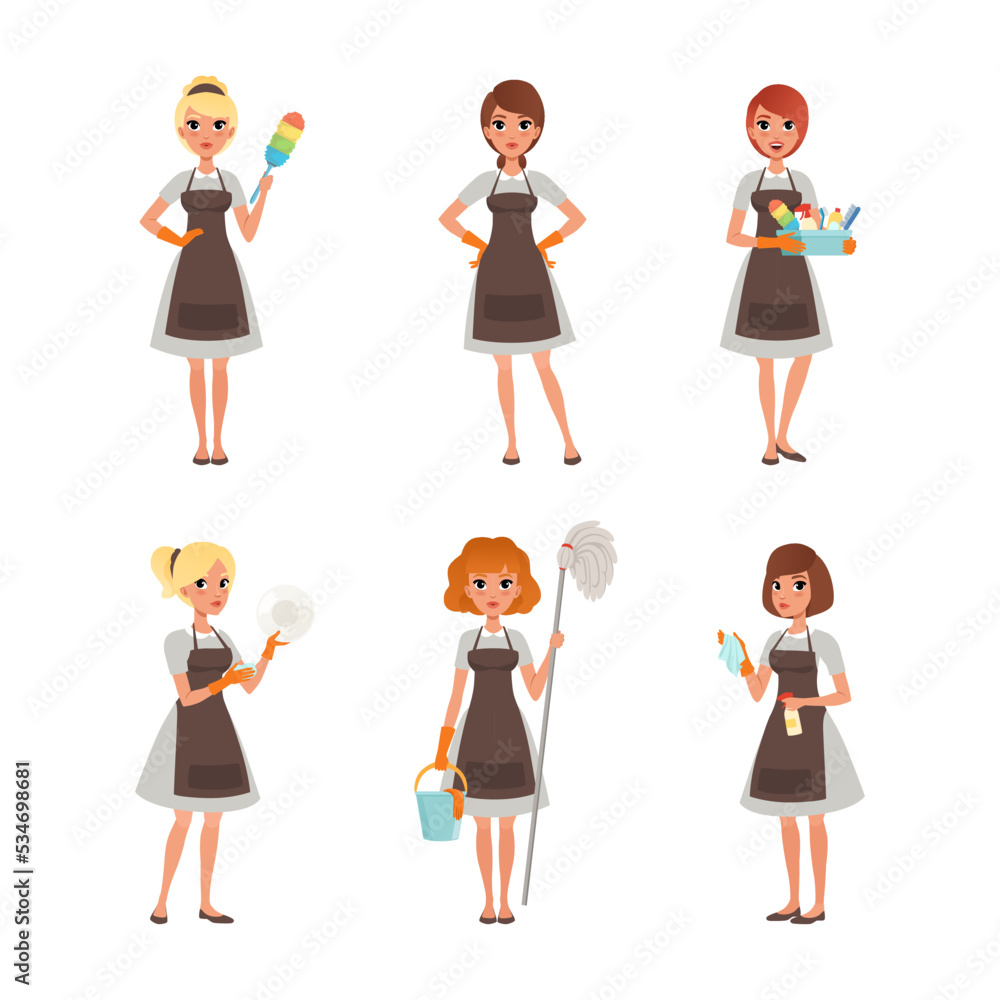 Maid in uniform with cleaning supplies set. Cleaning company staff vector illustration