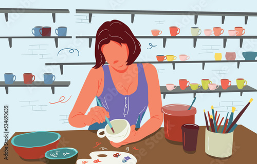 Pottery course. Illustration for pottery class with young woman. Woman engaged in pottery. Flat Vector Illustration