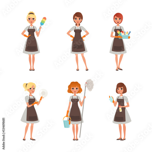 Maid in uniform with cleaning supplies set. Cleaning company staff vector illustration