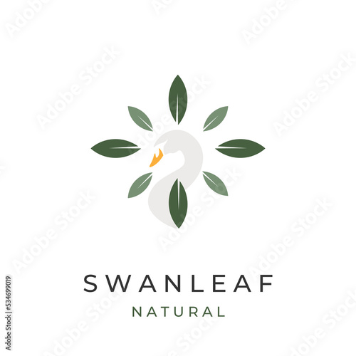 Natural swan vector illustration logo with leaves