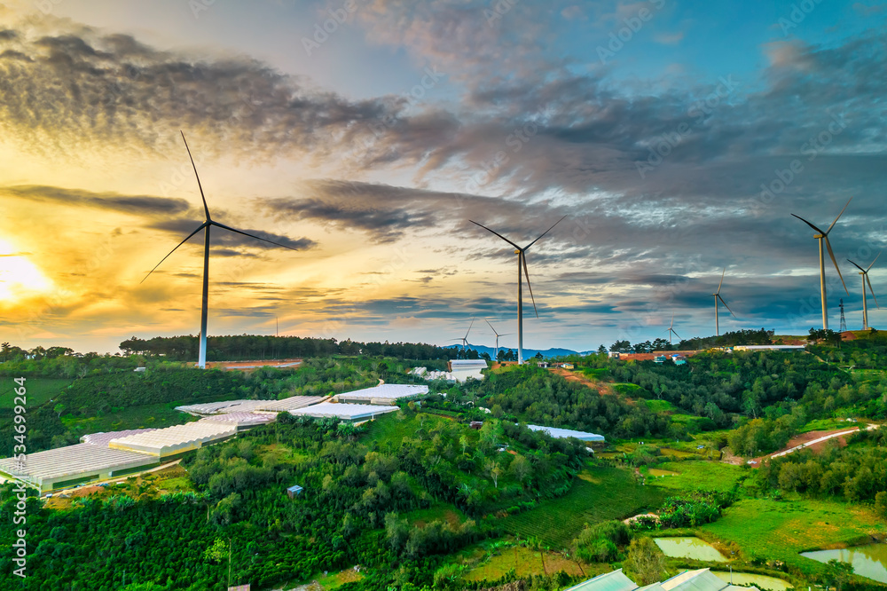 Aerial view dawn on the Da Lat plateau, Vietnam. Below are tea hills