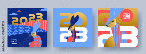 Chinese New Year 2023 modern art design Set in trendy geometric style for branding, cover, card, poster, web banner. Chinese symbol of Year of the Rabbit. Greeting templates in blue, red, gold colors