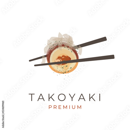 Octopus takoyaki vector illustration logo with katsuobushi and chopsticks