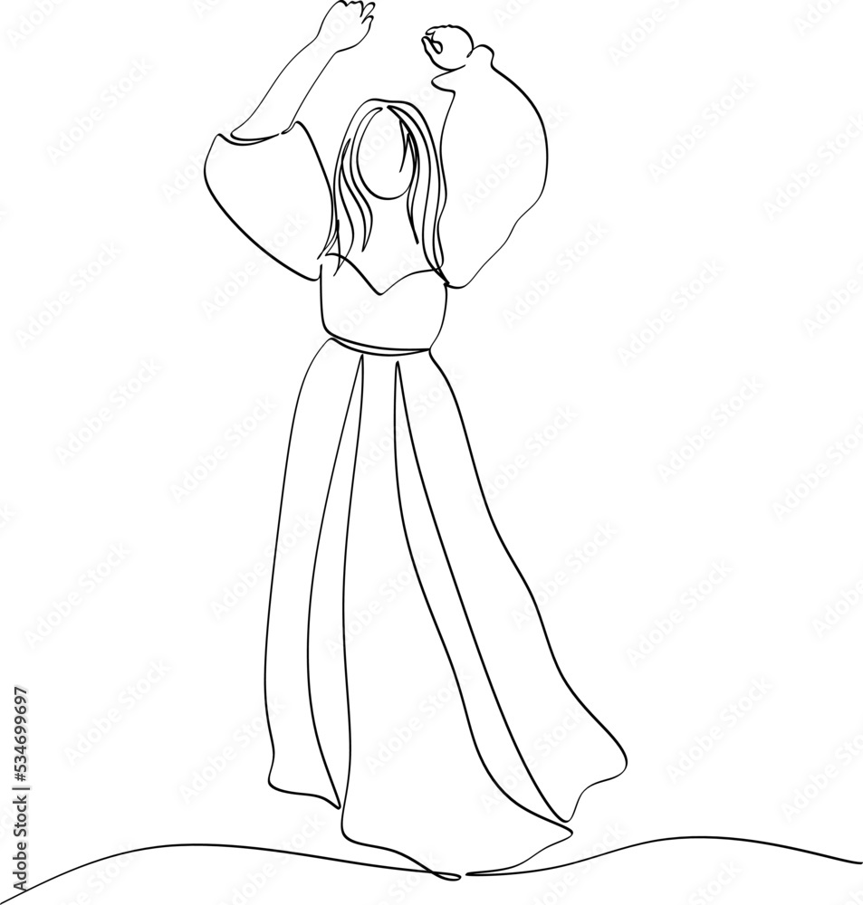 Continuous line art or One Line Drawing of a woman stretching arms is relaxing picture vector illustration