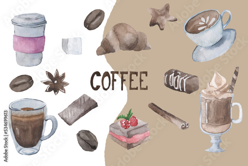 Watercolor set of mugs with coffee, dessert and coffee beans.