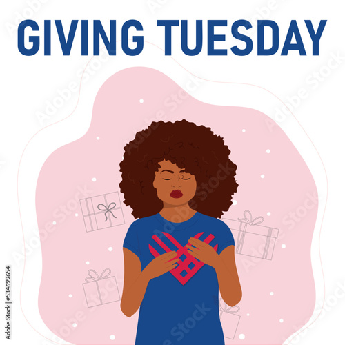 African american woman holding giving tuesday symbol. Charity concept. Vector illustration photo