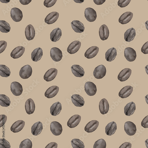 Watercolor pattern of coffee beans on a brown background.