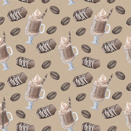 Watercolor pattern from a glass with coffee, sweets and coffee beans.