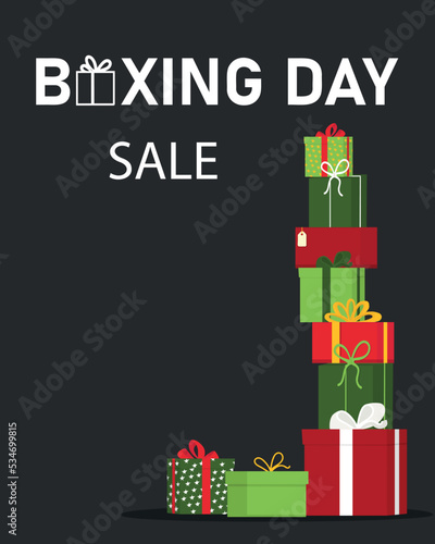 Boxing day sale design with gift boxes. Tower from gifts. Vector illustration