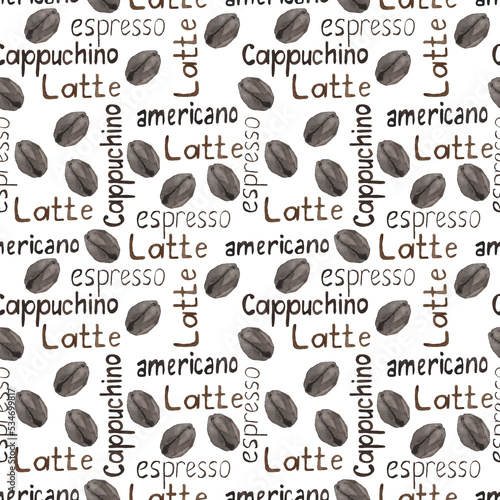 Watercolor pattern of coffee beans and inscriptions on a white background.