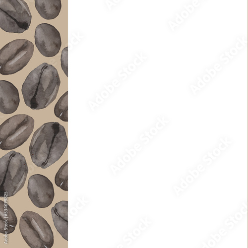 Watercolor frame made of coffee beans on a brown background.