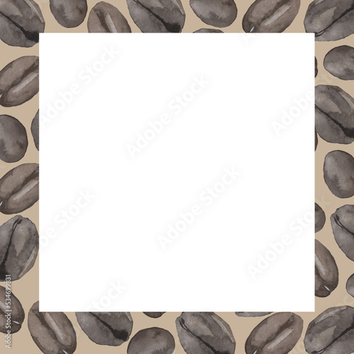 Watercolor frame made of coffee beans on a brown background.
