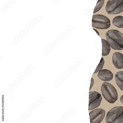 Watercolor frame made of coffee beans on a brown background.
