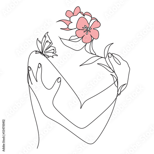 Abstract Woman Body Printable, Woman hugging herself with crossed hands, Woman One Line vector Drawing.Portrait minimalistic style. Botanical print. Nature symbol of cosmetics.